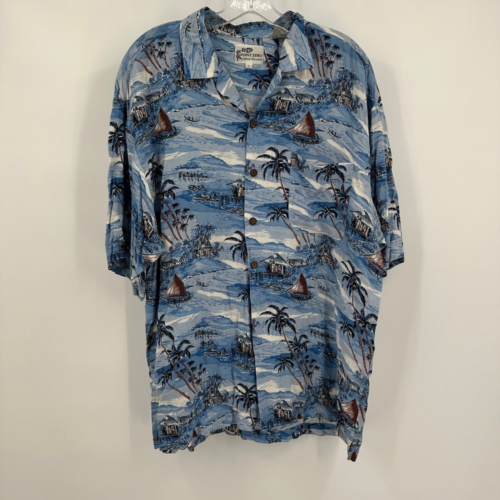 Point Zero Men Vintage Hawaiian Shirt Sz L Island Paradise Tropical Scenic Rayon